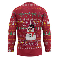 Christmas Chillin With My Snowmies Hockey Jersey Cool Snowman Red Snowflake Light String - Wonder Print Shop
