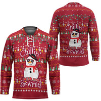 Christmas Chillin With My Snowmies Hockey Jersey Cool Snowman Red Snowflake Light String - Wonder Print Shop