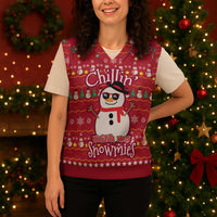 Christmas Chillin With My Snowmies Christmas Knitted V-Neck Vest Cool Snowman Red Snowflake Light String - Wonder Print Shop