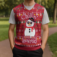 Christmas Chillin With My Snowmies Christmas Knitted V-Neck Vest Cool Snowman Red Snowflake Light String - Wonder Print Shop