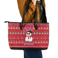 Christmas Chillin With My Snowmies Leather Tote Bag Cool Snowman Red Snowflake Light String - Wonder Print Shop