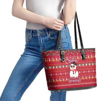 Christmas Chillin With My Snowmies Leather Tote Bag Cool Snowman Red Snowflake Light String - Wonder Print Shop