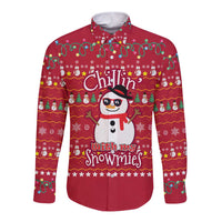 Christmas Chillin With My Snowmies Long Sleeve Button Shirt Cool Snowman Red Snowflake Light String - Wonder Print Shop