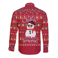 Christmas Chillin With My Snowmies Long Sleeve Button Shirt Cool Snowman Red Snowflake Light String - Wonder Print Shop