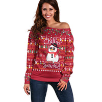Christmas Chillin With My Snowmies Off Shoulder Sweater Cool Snowman Red Snowflake Light String - Wonder Print Shop