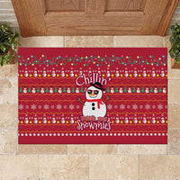 Christmas Chillin With My Snowmies Rubber Doormat Cool Snowman Red Snowflake Light String - Wonder Print Shop
