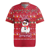 Christmas Chillin With My Snowmies Rugby Jersey Cool Snowman Red Snowflake Light String - Wonder Print Shop
