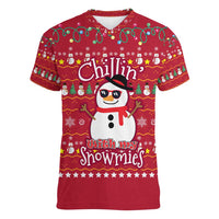 Christmas Chillin With My Snowmies Women V-Neck T-Shirt Cool Snowman Red Snowflake Light String - Wonder Print Shop