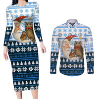 Owl Love Santa Moon Christmas Couples Matching Long Sleeve Bodycon Dress and Long Sleeve Button Shirt Xmas Holiday Patterns - Wonder Print Shop
