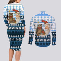 Owl Love Santa Moon Christmas Couples Matching Long Sleeve Bodycon Dress and Long Sleeve Button Shirt Xmas Holiday Patterns - Wonder Print Shop