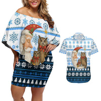 Owl Love Santa Moon Christmas Couples Matching Off Shoulder Short Dress and Hawaiian Shirt Xmas Holiday Patterns - Wonder Print Shop