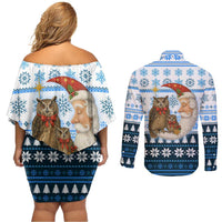 Owl Love Santa Moon Christmas Couples Matching Off Shoulder Short Dress and Long Sleeve Button Shirt Xmas Holiday Patterns - Wonder Print Shop