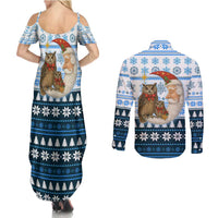 Owl Love Santa Moon Christmas Couples Matching Summer Maxi Dress and Long Sleeve Button Shirt Xmas Holiday Patterns - Wonder Print Shop