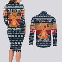 Peace Love And Dog Christmas Couples Matching Long Sleeve Bodycon Dress and Long Sleeve Button Shirt Xmas Holiday Patterns - Wonder Print Shop