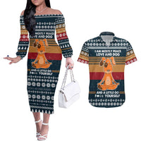 Peace Love And Dog Christmas Couples Matching Off The Shoulder Long Sleeve Dress and Hawaiian Shirt Xmas Holiday Patterns - Wonder Print Shop
