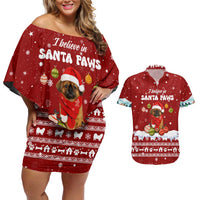 Pekingese Dog I Believe In Santa Paws Christmas Couples Matching Off Shoulder Short Dress and Hawaiian Shirt Xmas Holiday Patterns - Wonder Print Shop