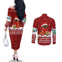 Pekingese Dog I Believe In Santa Paws Christmas Couples Matching Off The Shoulder Long Sleeve Dress and Long Sleeve Button Shirt Xmas Holiday Patterns - Wonder Print Shop