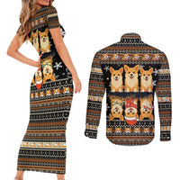 Pembroke Welsh Corgi Dog Christmas Couples Matching Short Sleeve Bodycon Dress and Long Sleeve Button Shirt Xmas Holiday Patterns - Wonder Print Shop