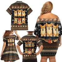 Pembroke Welsh Corgi Dog Christmas Family Matching Off Shoulder Short Dress and Hawaiian Shirt Xmas Holiday Patterns - Wonder Print Shop