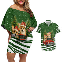 Pembroke Welsh Corgi Dog Xmas Christmas Couples Matching Off Shoulder Short Dress and Hawaiian Shirt Xmas Holiday Patterns - Wonder Print Shop