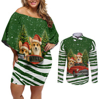 Pembroke Welsh Corgi Dog Xmas Christmas Couples Matching Off Shoulder Short Dress and Long Sleeve Button Shirt Xmas Holiday Patterns - Wonder Print Shop