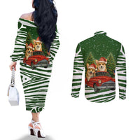 Pembroke Welsh Corgi Dog Xmas Christmas Couples Matching Off The Shoulder Long Sleeve Dress and Long Sleeve Button Shirt Xmas Holiday Patterns - Wonder Print Shop