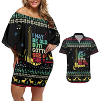 Christmas Vintage Guitar Couples Matching Off Shoulder Short Dress and Hawaiian Shirt Xmas Holiday Patterns - Wonder Print Shop