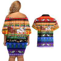 Happy Holigays Christmas Couples Matching Off Shoulder Short Dress and Hawaiian Shirt Xmas Holiday Patterns - Wonder Print Shop