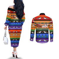 Happy Holigays Christmas Couples Matching Off The Shoulder Long Sleeve Dress and Long Sleeve Button Shirt Xmas Holiday Patterns - Wonder Print Shop