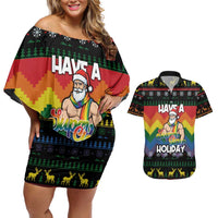 Have A Super Gay Holiday Christmas Couples Matching Off Shoulder Short Dress and Hawaiian Shirt Xmas Holiday Patterns - Wonder Print Shop