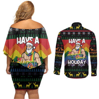Have A Super Gay Holiday Christmas Couples Matching Off Shoulder Short Dress and Long Sleeve Button Shirt Xmas Holiday Patterns - Wonder Print Shop