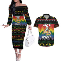 Have A Super Gay Holiday Christmas Couples Matching Off The Shoulder Long Sleeve Dress and Hawaiian Shirt Xmas Holiday Patterns - Wonder Print Shop