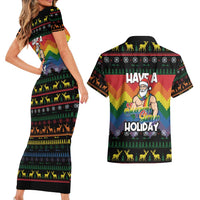 Have A Super Gay Holiday Christmas Couples Matching Short Sleeve Bodycon Dress and Hawaiian Shirt Xmas Holiday Patterns - Wonder Print Shop