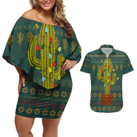 Cactus Christmas Couples Matching Off Shoulder Short Dress and Hawaiian Shirt Xmas Holiday Patterns - Wonder Print Shop