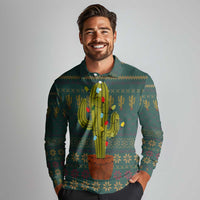 Cactus Christmas Long Sleeve Polo Shirt Xmas Holiday Patterns - Wonder Print Shop