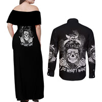 I Do What I Want Skull Black And White Couples Matching Off Shoulder Maxi Dress and Long Sleeve Button Shirt - Wonder Print Shop
