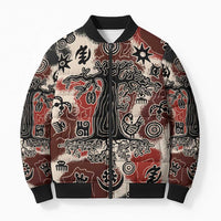 Sacred Heritage Bomber Puffer Jacket African Abstract Baobab Tree, Ethnic Symbols, and Red-Black Pattern - Wonder Print Shop