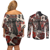 Sacred Heritage Couples Matching Off Shoulder Short Dress and Long Sleeve Button Shirt African Abstract Baobab Tree, Ethnic Symbols, and Red-Black Pattern - Wonder Print Shop