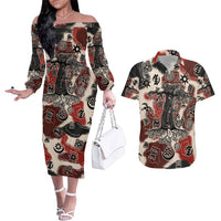 Sacred Heritage Couples Matching Off The Shoulder Long Sleeve Dress and Hawaiian Shirt African Abstract Baobab Tree, Ethnic Symbols, and Red-Black Pattern - Wonder Print Shop