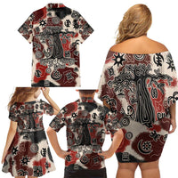 Sacred Heritage Family Matching Off Shoulder Short Dress and Hawaiian Shirt African Abstract Baobab Tree, Ethnic Symbols, and Red-Black Pattern - Wonder Print Shop