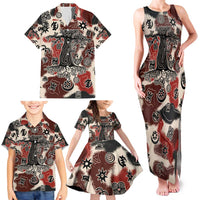 Sacred Heritage Family Matching Tank Maxi Dress and Hawaiian Shirt African Abstract Baobab Tree, Ethnic Symbols, and Red-Black Pattern - Wonder Print Shop