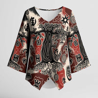 Sacred Heritage Kimono Sleeve Blouse African Abstract Baobab Tree, Ethnic Symbols, and Red-Black Pattern - Wonder Print Shop