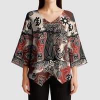 Sacred Heritage Kimono Sleeve Blouse African Abstract Baobab Tree, Ethnic Symbols, and Red-Black Pattern - Wonder Print Shop