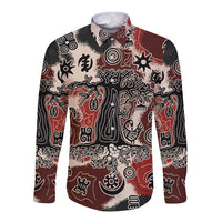 Sacred Heritage Long Sleeve Button Shirt African Abstract Baobab Tree, Ethnic Symbols, and Red-Black Pattern - Wonder Print Shop