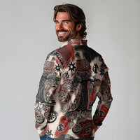 Sacred Heritage Long Sleeve Polo Shirt African Abstract Baobab Tree, Ethnic Symbols, and Red-Black Pattern - Wonder Print Shop