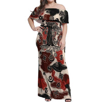 Sacred Heritage Off Shoulder Maxi Dress African Abstract Baobab Tree, Ethnic Symbols, and Red-Black Pattern - Wonder Print Shop