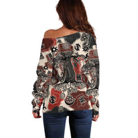 Sacred Heritage Off Shoulder Sweater African Abstract Baobab Tree, Ethnic Symbols, and Red-Black Pattern - Wonder Print Shop
