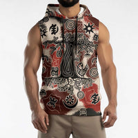 Sacred Heritage Sleeveless Hoodie African Abstract Baobab Tree, Ethnic Symbols, and Red-Black Pattern - Wonder Print Shop