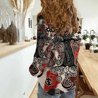 Sacred Heritage Women Casual Shirt African Abstract Baobab Tree, Ethnic Symbols, and Red-Black Pattern - Wonder Print Shop