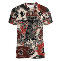 Sacred Heritage Women V-Neck T-Shirt African Abstract Baobab Tree, Ethnic Symbols, and Red-Black Pattern - Wonder Print Shop